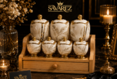 Savarez Luxury Porcelain Pasmauri Set with Bamboo Design Wooden Drawer Stand