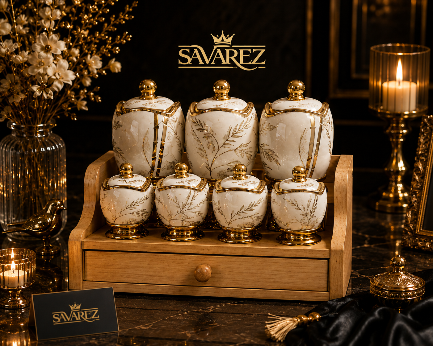 Savarez Luxury Porcelain Pasmauri Set with Bamboo Design Wooden Drawer Stand
