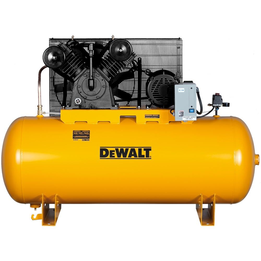 DEWALT 120-Gallon Two-Stage Horizontal Industrial Air Compressor – 10 HP Baldor Motor, 175 PSI, 230V 3-Phase (TOOLSEQUIP)