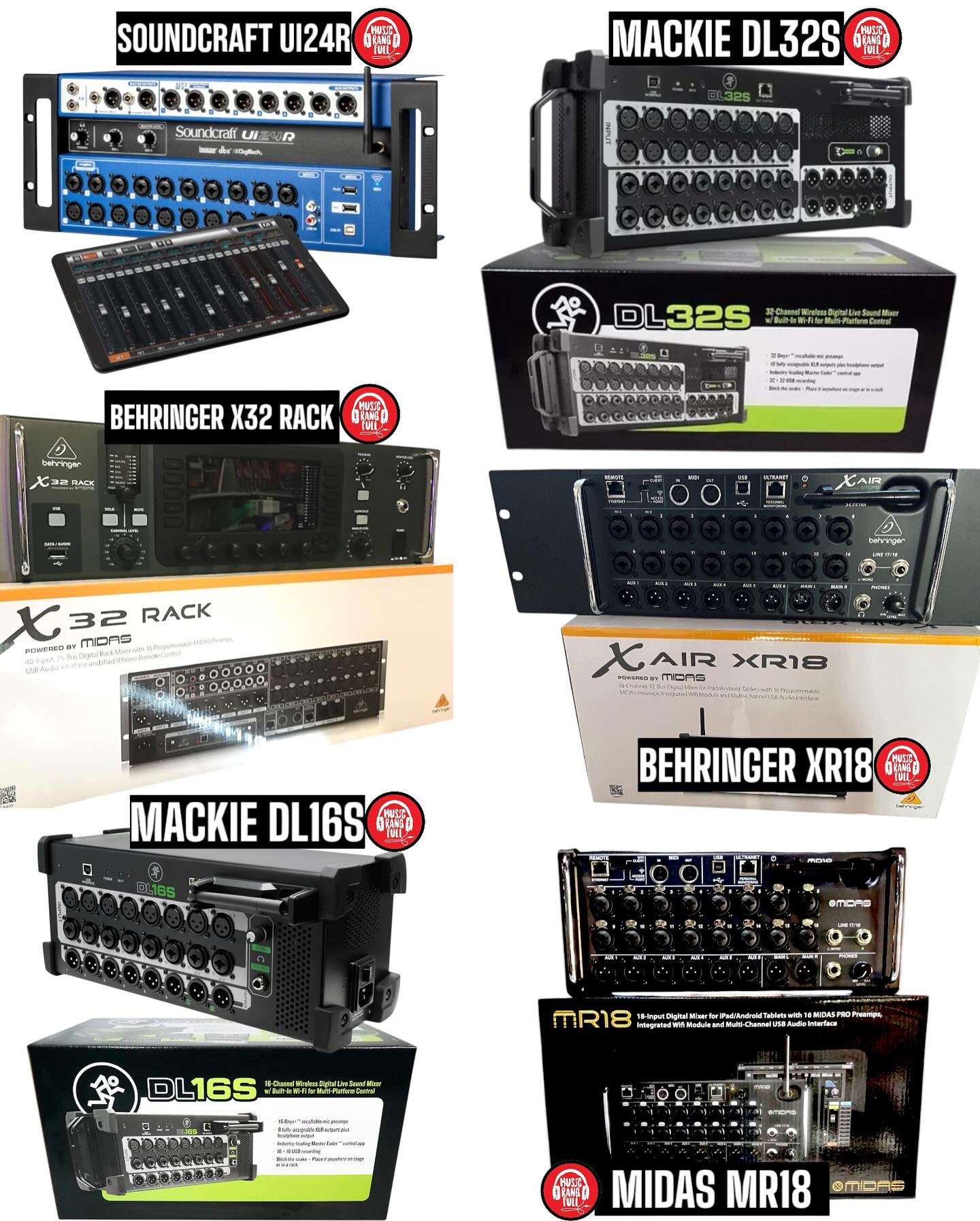 Behringer X32, Midas M32 LIVE, Yamaha MGX, Soundcraft Ui24R, PreSonus StudioLive 32SC, Allen & Heath CQ-18T,